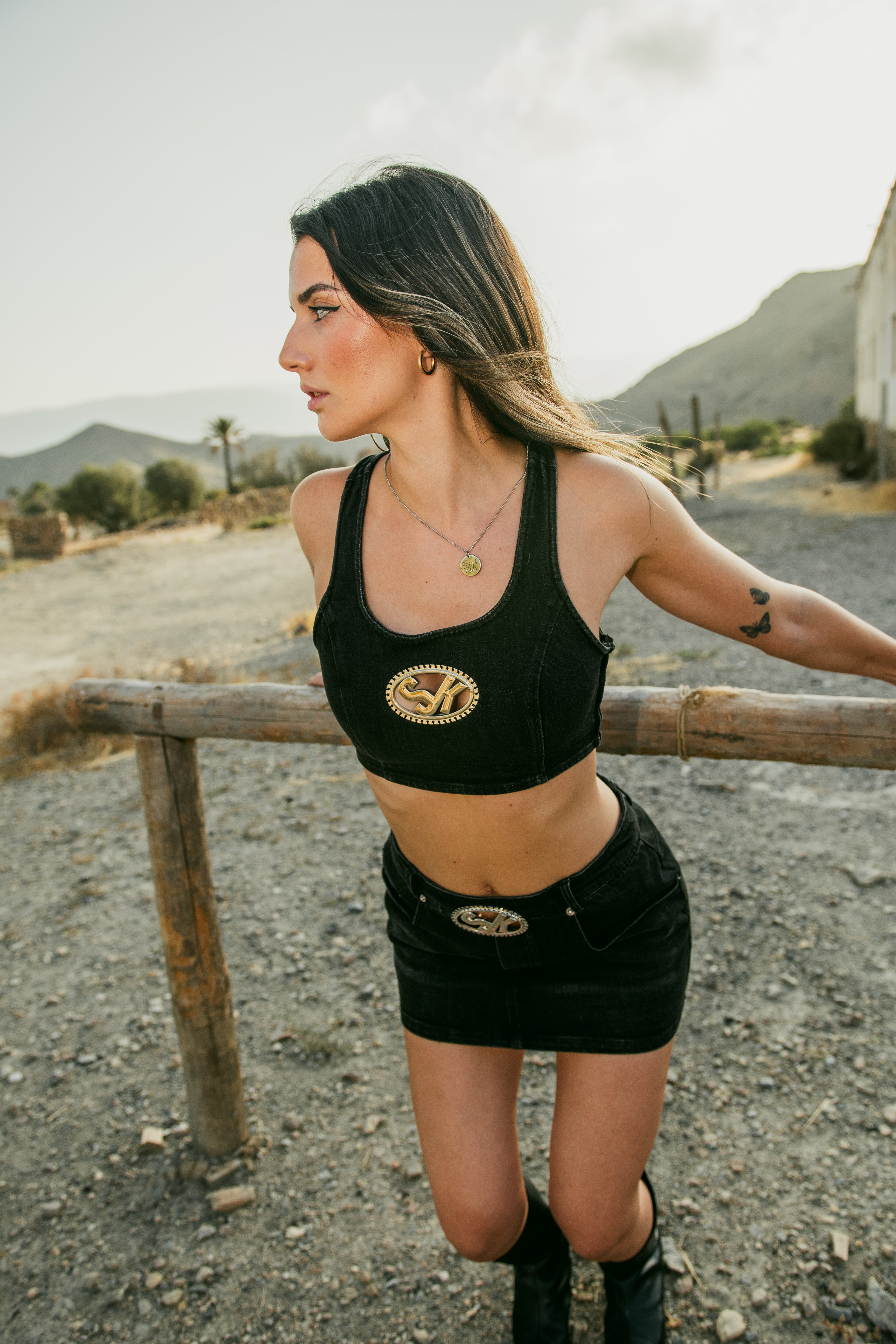 Denim Top Black & Pink