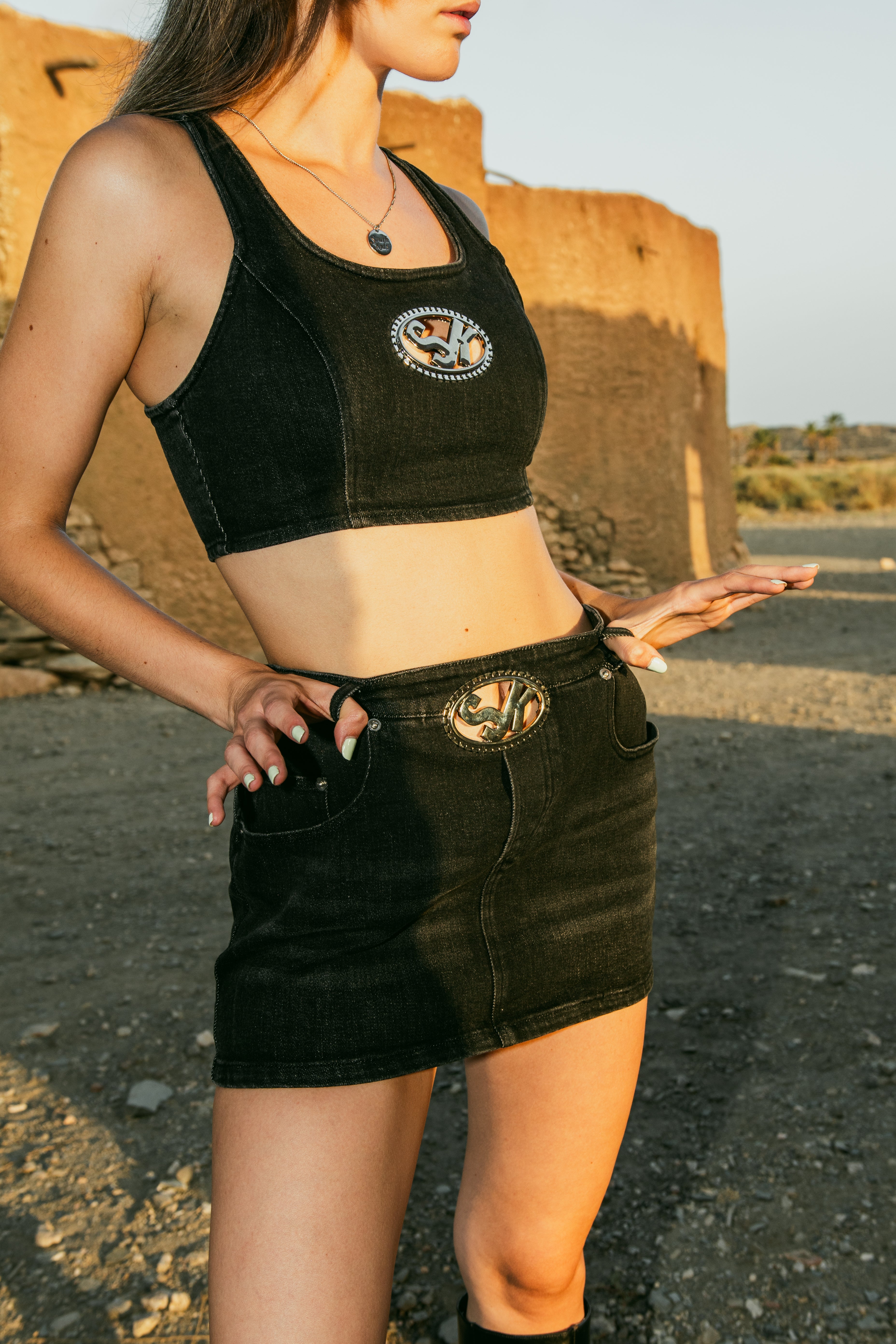 Denim Skirt Black & Pink